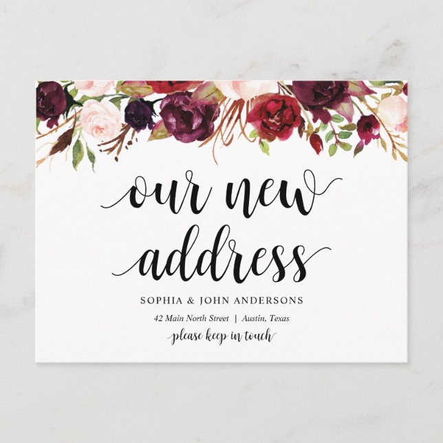 Our New Address, burgundy floral, Announcement Postcard (Front)