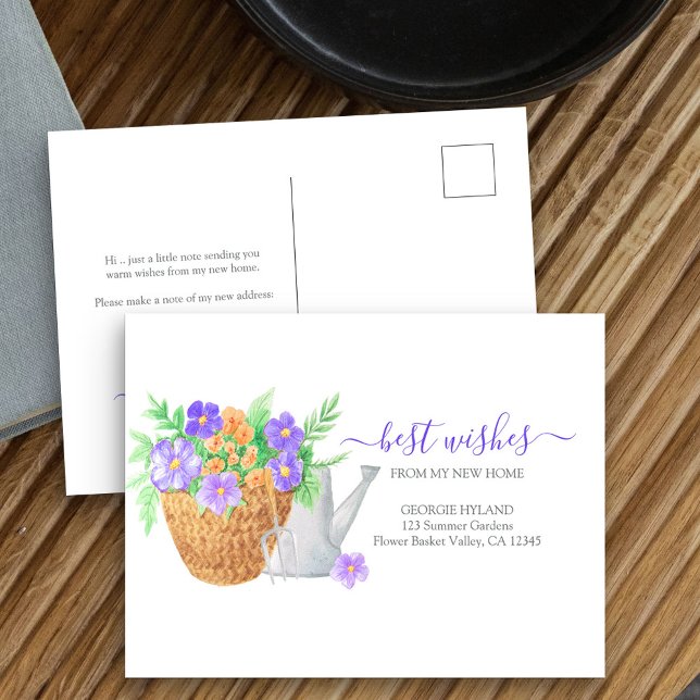 Our New Address Flower Planter Moving Announcement Postcard (New Address postcard with garden basket of flowers)
