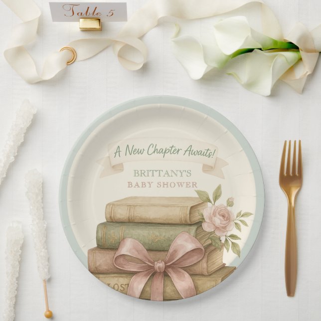 Our New Chapter Awaits Pink Bow Baby Shower Paper Plate (Wedding)