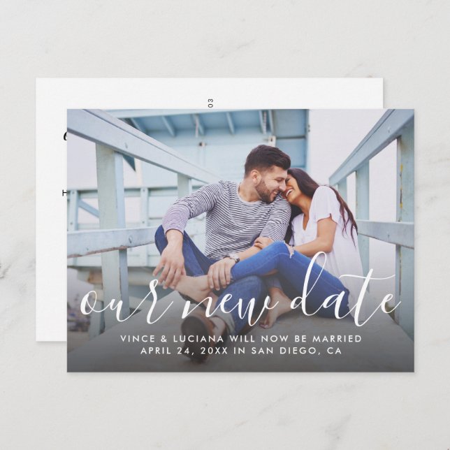 Our New Date Handwritten Script Wedding Photo Announcement Postcard (Front/Back)