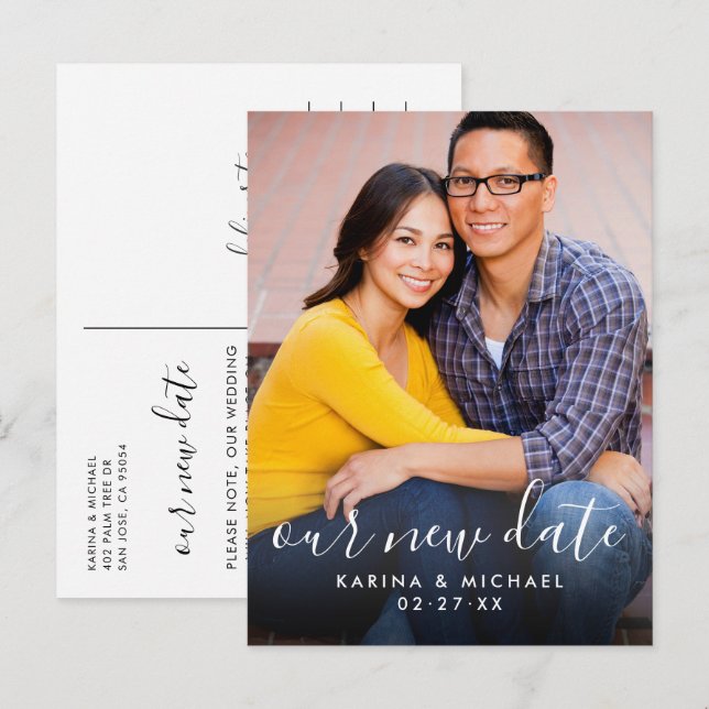 Our New Date Handwritten Script Wedding Photo Announcement Postcard (Front/Back)