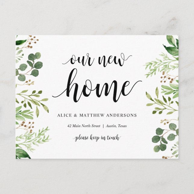 Our New Dream Home Address Announcement, Greenery Postcard (Front)