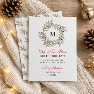 Our New Home Christmas Greenery Monogram Wreath Holiday Card