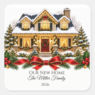 Our New Home Christmas House with Family Name and  Square Sticker
