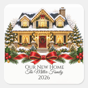 Our New Home Christmas House with Family Name and Square Sticker