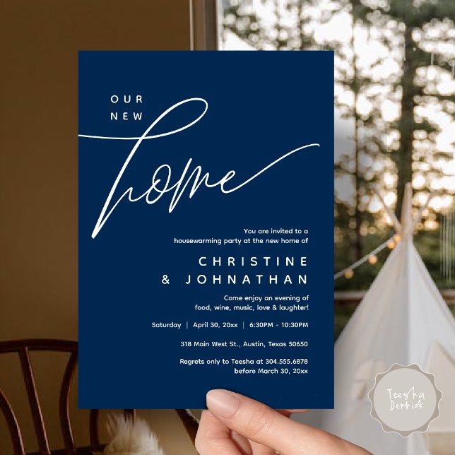 Our New Home, Cosy Lovely Housewarming Party Invitation (Our New Home, Cozy Lovely Housewarming Party Invitation Card, PDF, Portrait, Navy Blue)