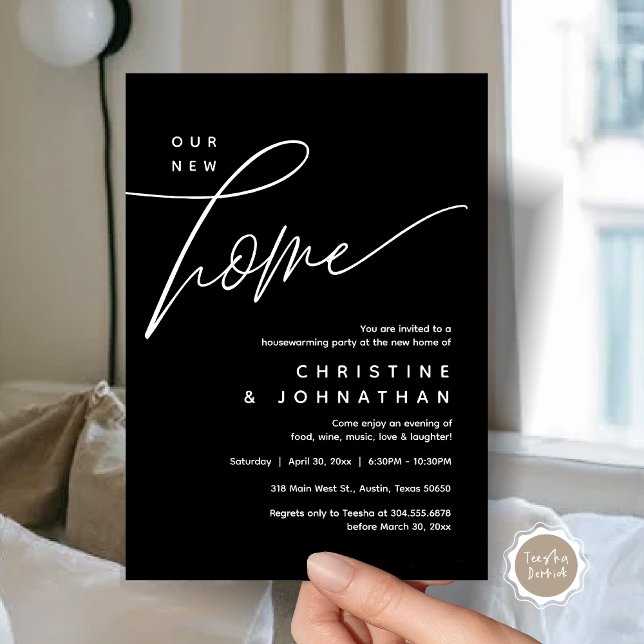 Our New Home, Cosy Lovely Housewarming Party Invitation (Our New Home, Cozy Lovely Housewarming Party Invitation Card, PDF, Portrait, Classy Black)