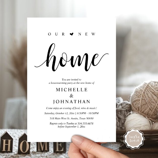 Our new home, Housewarming party invitation cards (Our new home, Housewarming party invitation card, first house invites, in black white)