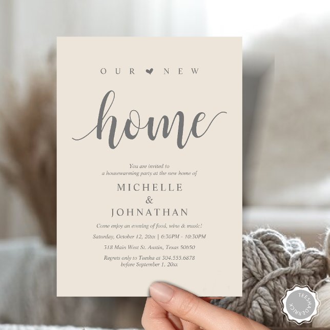 Our new home, Housewarming party invitation cards (Our new home, Housewarming party invitation card, first house invites, in Cream grey)