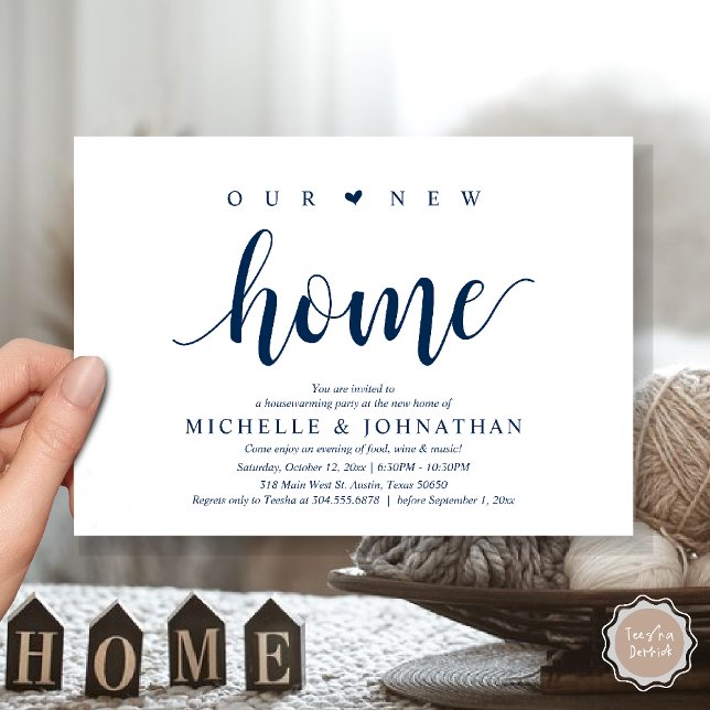 Our new home, Housewarming party invitation cards (Our new home, Housewarming party invitation card, first house invites, in navy blue)