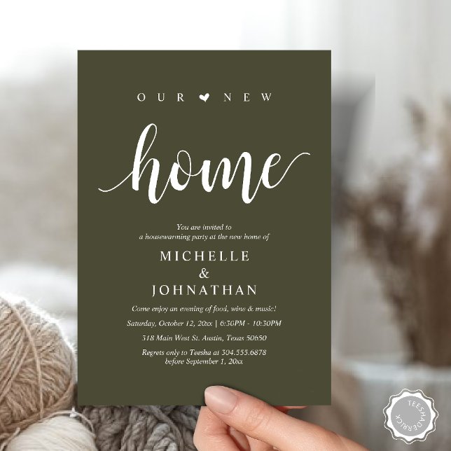 Our new home, Housewarming party invitation cards (Our new home, Housewarming party invitation card, first house invites, in olive green)