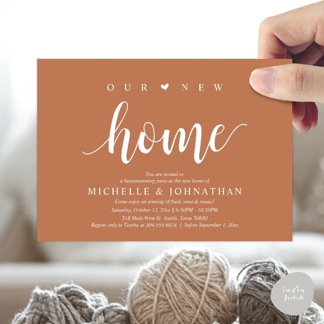 Our new home, Housewarming party invitation cards (Our new home, Housewarming party invitation card, first house invites, in terracotta copper brown)