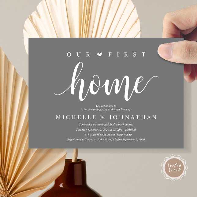 Our new home, Housewarming party invitation cards (Our first home, Housewarming party celebration invitation card, in dark grey)