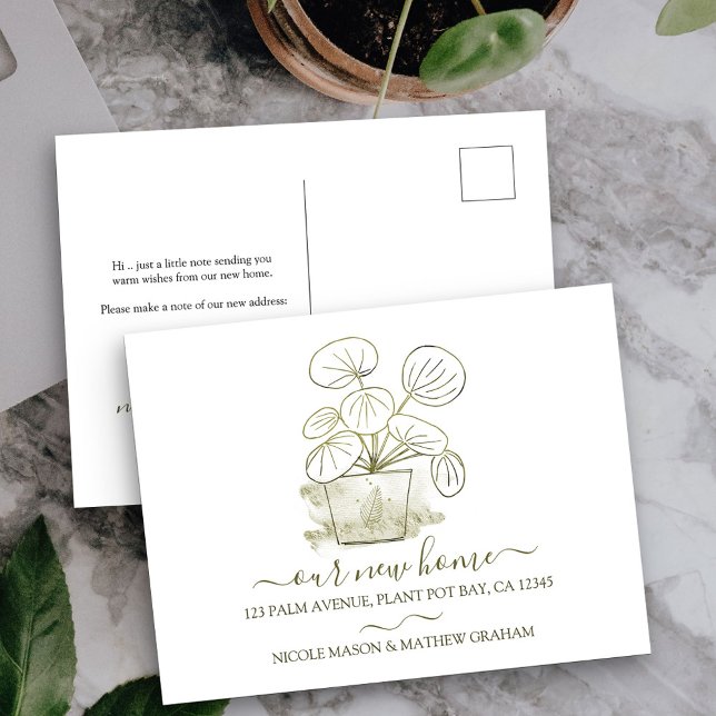 Our New Home Money Plant Moving Announcement Postcard (New Address postcard with elegant minimalist potted plant design)