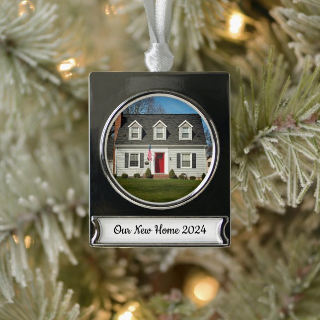 Our New Home Personalised Holiday Photo Keepsake Silver Plated Banner Ornament (Tree)