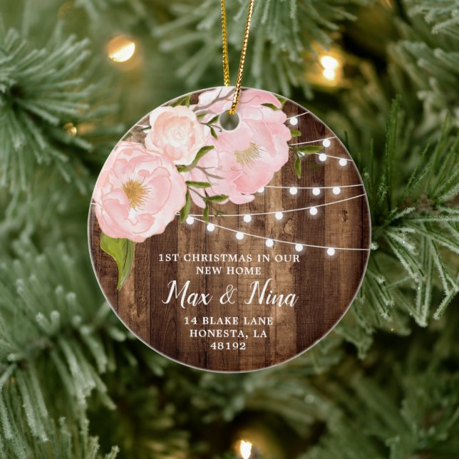 Our New Home Personalised Woodgrain String Lights Ceramic Ornament (Tree)