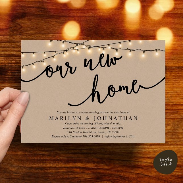 Our new home, Rustic Housewarming party Invitation (Our new home, Rustic Housewarming party Invitation Card PDF Cottage String Light brown Kraft)