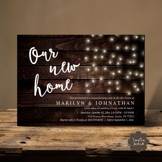 Our new home, Rustic Housewarming party Invitation (Our new home, Rustic Housewarming party Invitation Card PDF Cottage String Light brown wood)