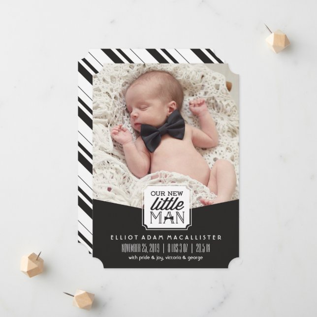 Our New Little Man Bow Tie Classic Photo Birth Announcement (Front/Back In Situ)
