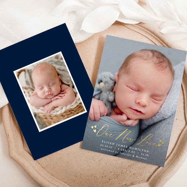 Our New Love Foil Script Photo Birth Announcement (Creator Uploaded)