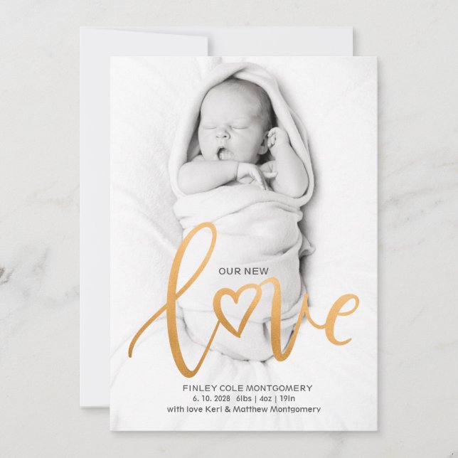 Our New Love Script Photo Birth Announcement  (Front)