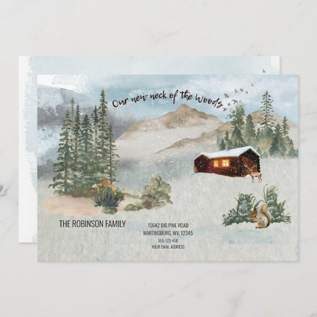 Our New Neck Of the Woods Pine Forest Cabin Moving Card (Front/Back)
