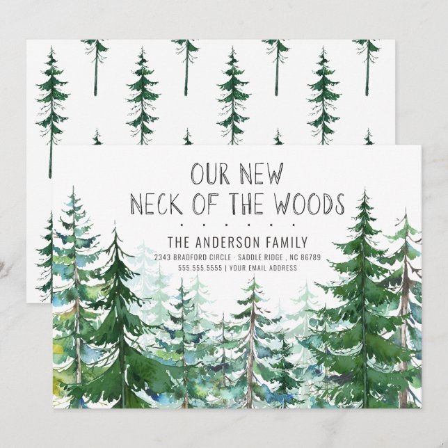 Our New Neck of the Woods Pine Spruce Trees Moving Invitation (Front/Back)