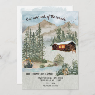 Our New Neck of the Woods Pine Tree Cabin Moving  Card