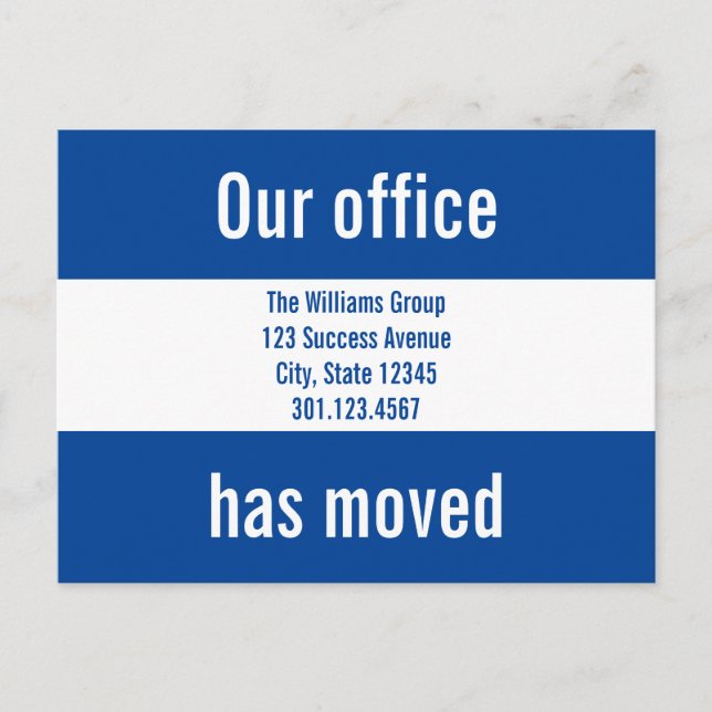 Our Office Have Moved Blue and White Announcement (Front)