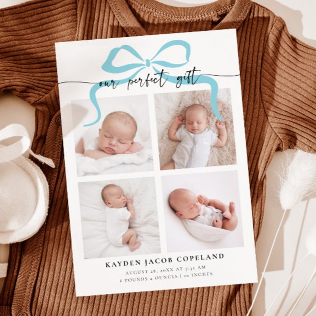 Our Perfect Gift Blue Bow Photo Birth Announcement (Creator Uploaded)