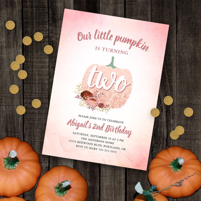 Our Pumpkin Rose Gold Glitter 2nd Birthday Invitation (Creator Uploaded)