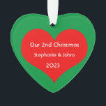 Our Second Christmas Together 2023 Cute Red Heart  Ornament<br><div class="desc">Personalised names and printed with cute red heart design in solid green background. Feel free to customise by adding your own texts,  names or photos. You can add your photo on the back side of the ornament easily!
The colour of the background can also be changed as you want.</div>
