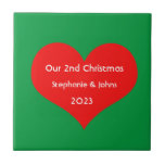 Our Second Christmas Together Cute Red Heart 2023  Ceramic Tile<br><div class="desc">Personalised names and printed with cute red heart design in solid green background. Feel free to customise by adding your own texts,  names or photos. The colour of the background and the year can also be changed as you want!</div>