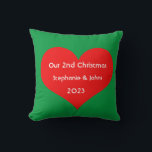 Our Second Christmas Together Cute Red Heart 2023  Cushion<br><div class="desc">Personalised names and printed with cute red heart design in solid green background. Feel free to customise by adding your own texts,  names or photos. The colour of the background and the year can also be changed as you want!</div>
