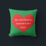 Our Second Christmas Together Cute Red Heart 2023  Cushion<br><div class="desc">Personalised names and printed with cute red heart design in solid green background. Feel free to customise by adding your own texts,  names or photos. The colour of the background and the year can also be changed as you want!</div>