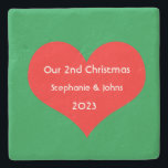 Our Second Christmas Together Cute Red Heart 2023  Stone Coaster<br><div class="desc">Personalised names and printed with cute red heart design in solid green background. Feel free to customise by adding your own texts,  names or photos. The colour of the background and the year can also be changed as you want!</div>