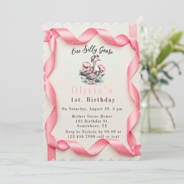 Our Silly Goose is Turn One Girl Birthday Party Invitation (Standing Front)