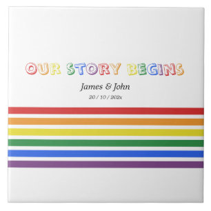 Our Story Begins Rainbow LGBTQ Flag Couple Ceramic Tile