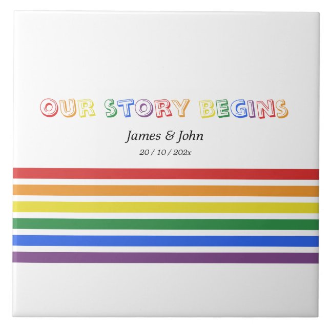 Our Story Begins Rainbow LGBTQ Flag Couple Ceramic Tile (Front)
