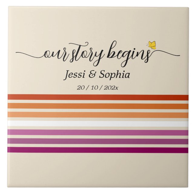 Our Story Begins Sunset Lesbian Flag Ceramic Tile (Front)