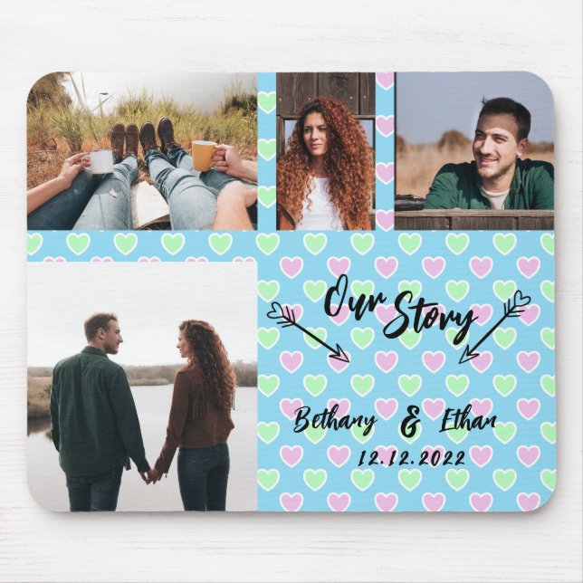 Our Story Couple Photo Collage Blue Hearts Pattern Mouse Pad (Front)