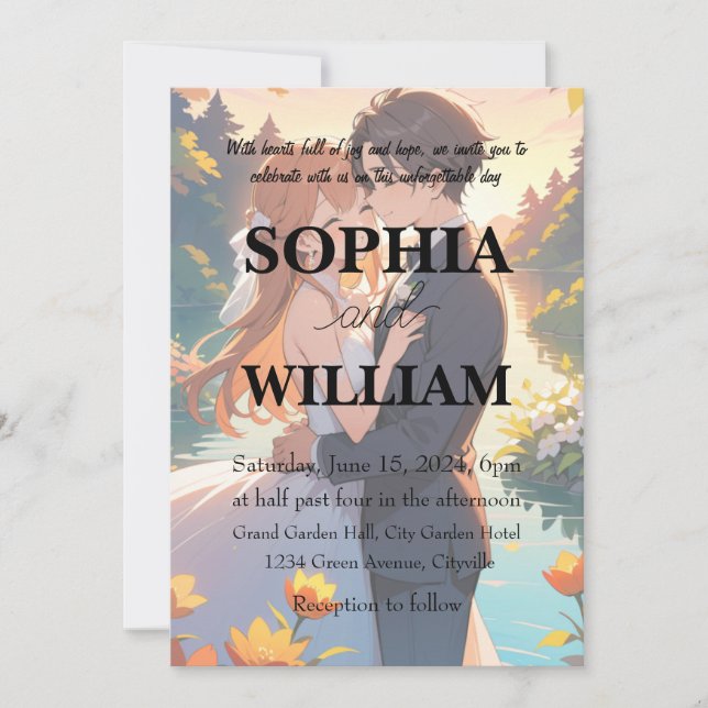 Our story in a cartoon wedding invitation (Front)