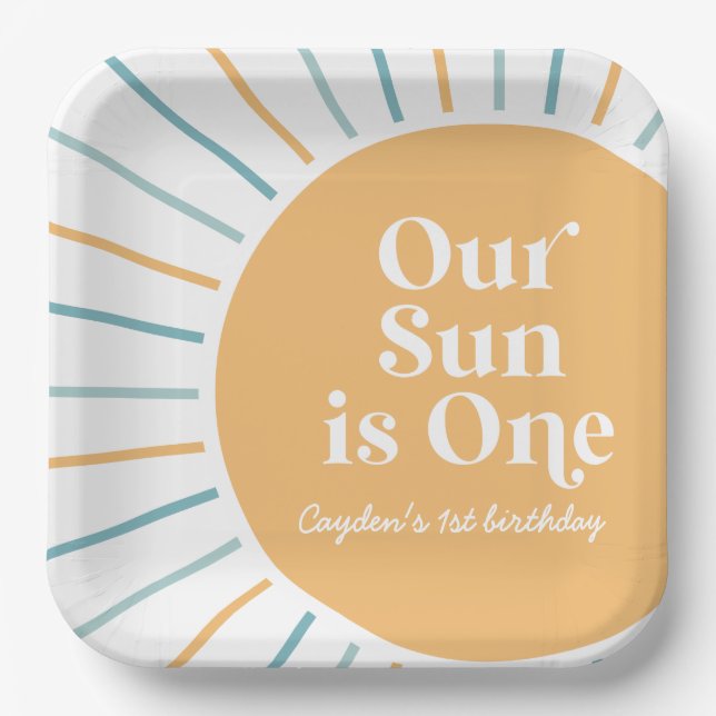 Our Sun is One Boho Sunshine birthday Paper Plate (Front)