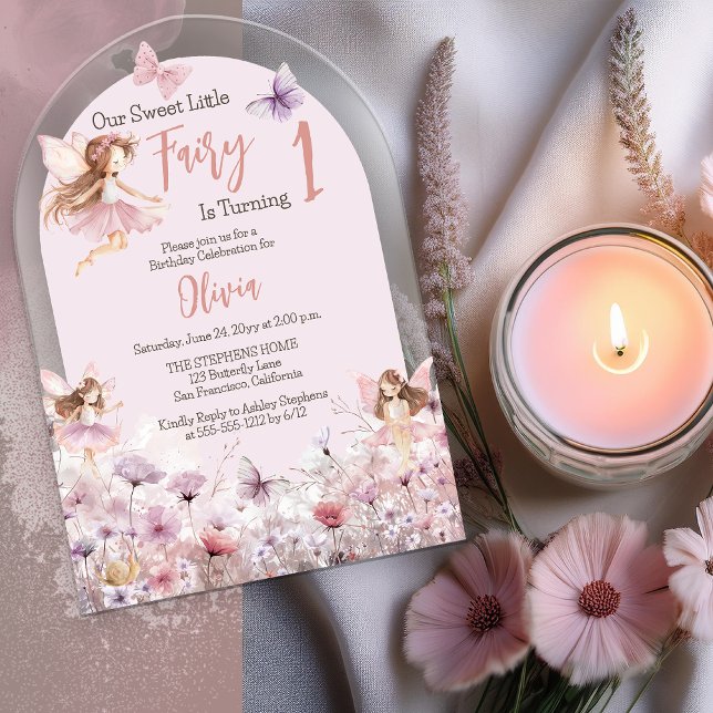 Our Sweet Little Fairy 1st Birthday Party Acrylic Invitations ("Our Sweet Little Fairy Is Turning 1" Enchanting Fairies Girl 1st Birthday Party Acrylic Invitation)
