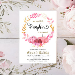 Our Sweet Little Pink Pumpkin 1st Birthday Party Invitation
