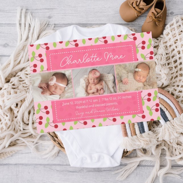 Our Sweetest Arrival Cherry Girl Baby Announcement (birth announcement, baby announcement, birth announcement template, custom girl birth announcement)