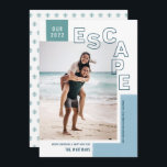 Our Travel Escape | Beach Modern Photo Christmas Holiday Card<br><div class="desc">Were you finally able to travel? Share about your adventure with this stylish photo holiday card! It features a modern outline text overlay, reading, "ESCAPE, " along with text templates for personalisation! A colour scheme of sky blue, darker blue, and teal green give these Christmas photo cards a beachy look,...</div>