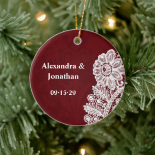 Our Wedding Burgundy Red Lace Damask Photo  Ceramic Ornament
