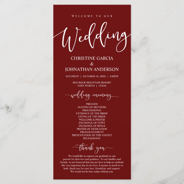 Our Wedding Ceremony, Classy Burgundy Program (Front)