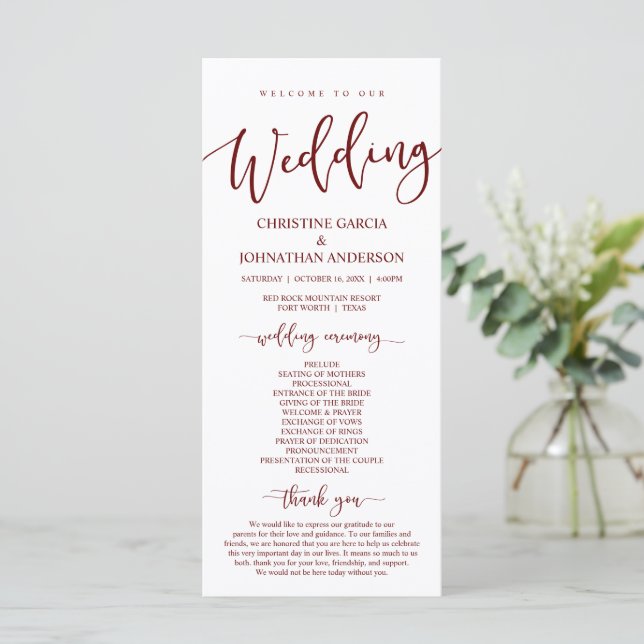 Our Wedding Ceremony, Classy Burgundy Program (Standing Front)